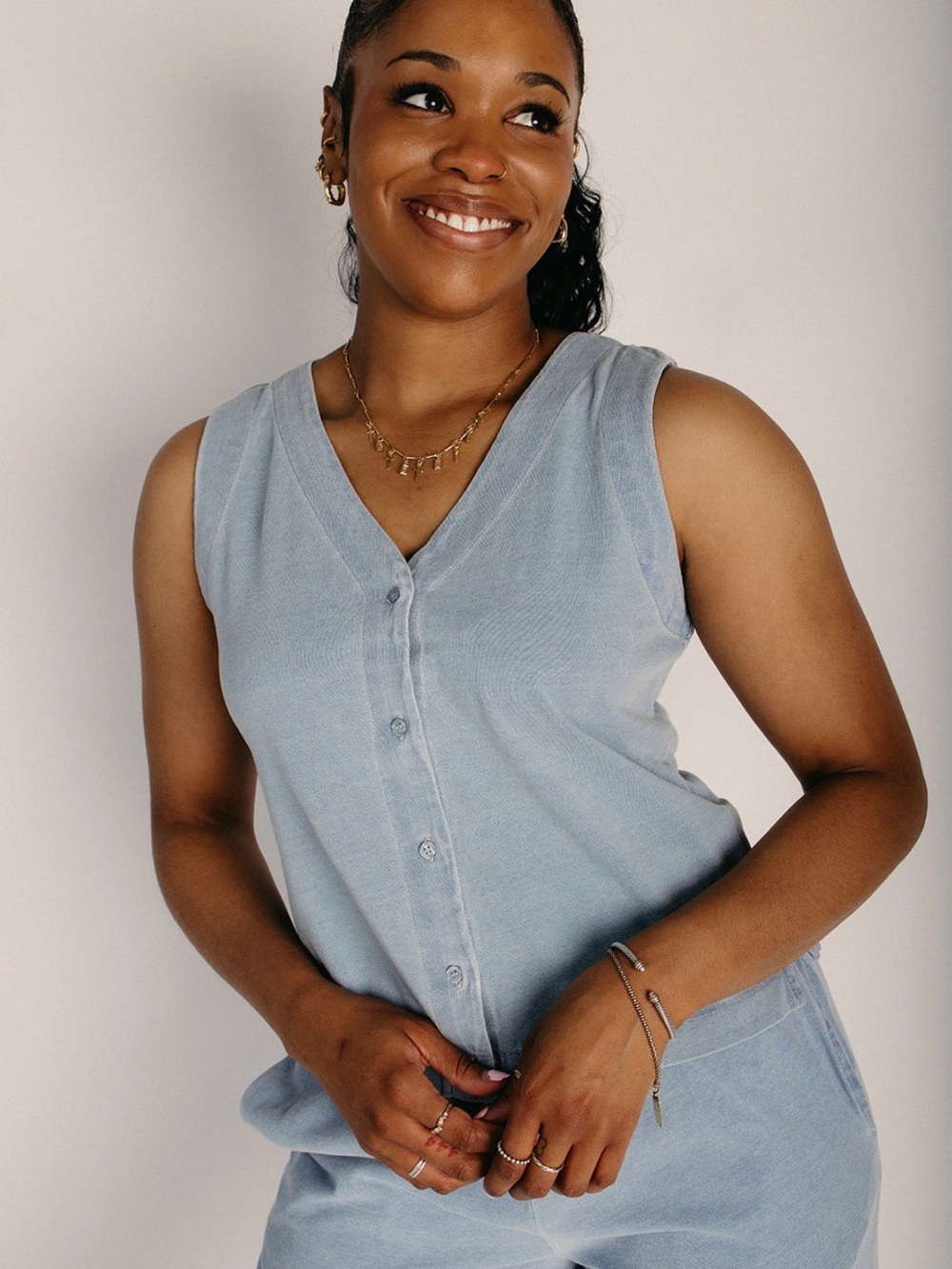 Light Blue Soft Denim Sleeveless Button Front Top